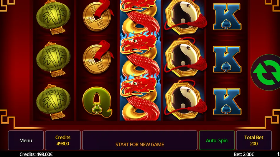 Fortune Doors pokie base game grid with red lanterns and gold medallions