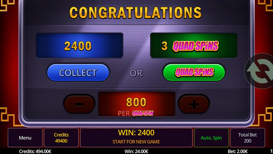 Quad Spins conversion choice screen with the committed win amount in Fortune Doors